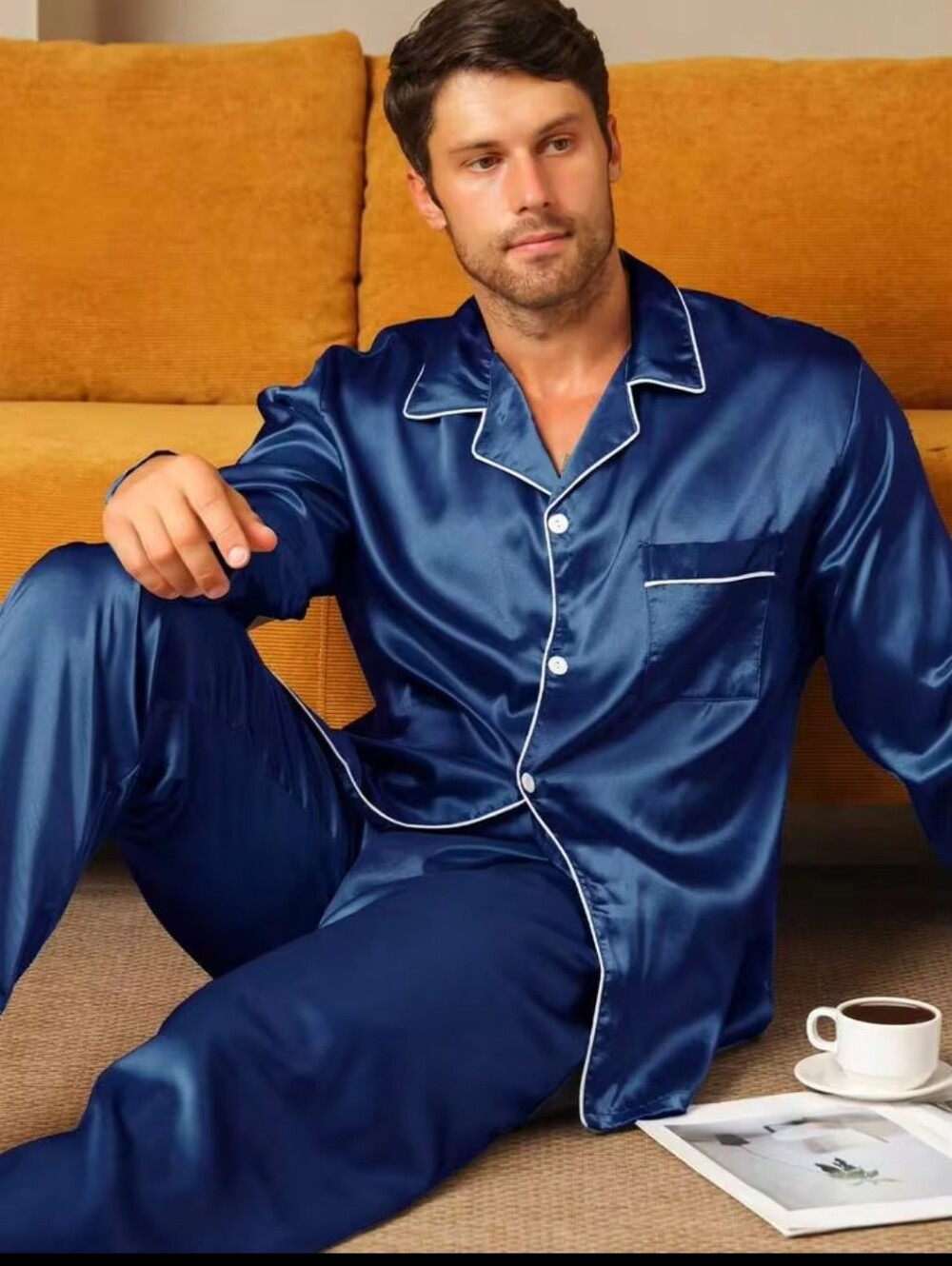Men's Satin Pajama Set in Deep Navy with White Piping (XXL)